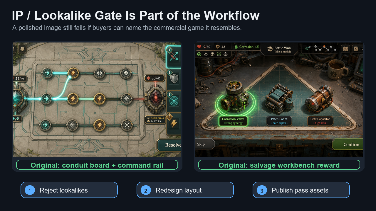 Safe IP gate sample set for generated game screen references